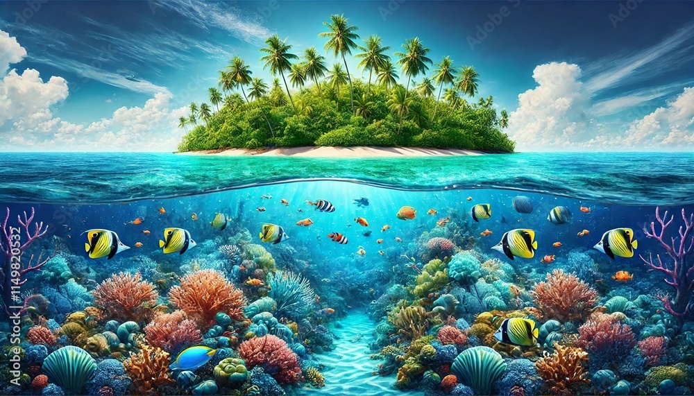 Naklejka premium Underwater and Above-Water Island Scene