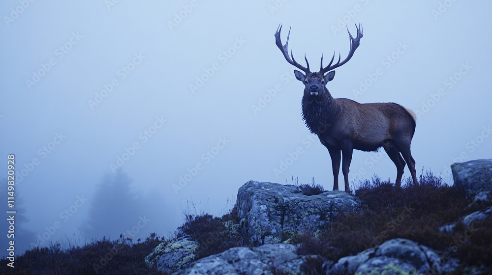 Naklejka premium A majestic stag standing tall on a granite outcrop, its antlers glowing in the low light, with soft blue mist rising around the lichen-covered rocks beneath. 