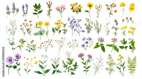  A set of wildflowers. White clover, violet and yellow spring flower heads, meadow grasses and various wild flowers, top view, isolated on white background
