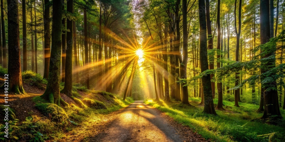 Fototapeta premium Remote forest path bathed in magical sunlight; nature photography captures ethereal sun rays.