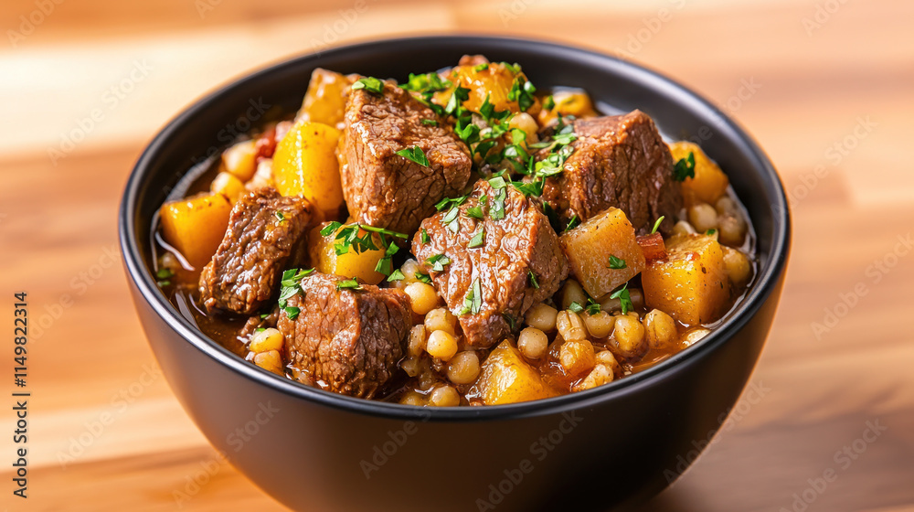bowl of hearty beef and barley soup with tender meat and vegetables bowl of hearty beef and barley soup with tender meat and vegetables