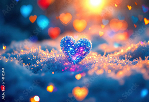 Love Sparkles: A playful composition with a sparkly heart amidst glistening snow, glowing with vibrant blues, purples, and pinks, while the background is dotted with blurred, hearts of various sizes.