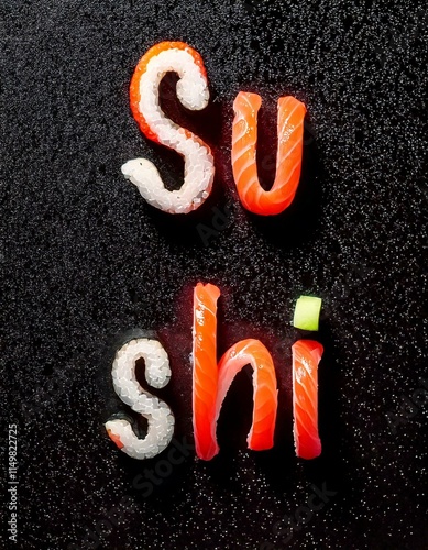 Typographie en sushi avec saumon sur fond sombre texturé