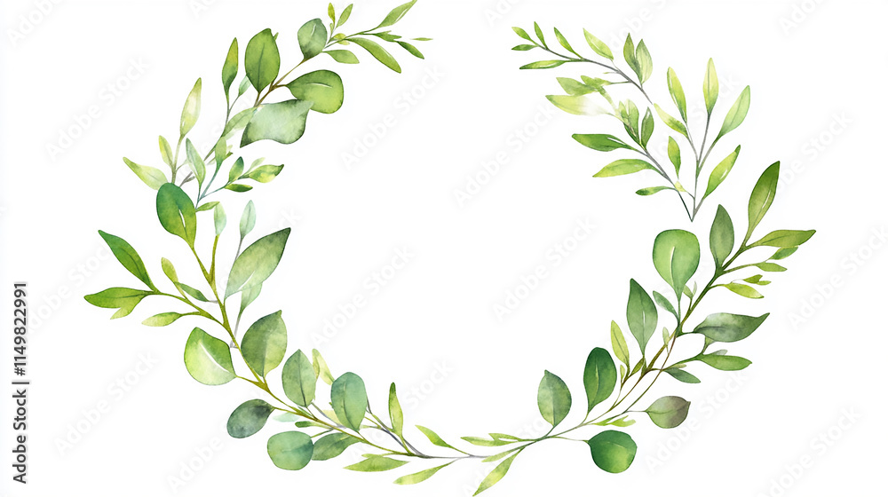 Naklejka premium Watercolor wreath frame with green olive leaves and on white background PNG Plant leaf herbal green set of watercolor floral green leaves illustration