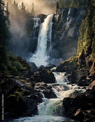 A breathtaking view of a powerful waterfall tumbling over rocks into a serene forest scene. Mist rises as the water crashes down, surrounded by tall evergreen trees, creating a peaceful yet dynamic