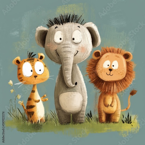 Adorable Cartoon Animals Elephant Tiger Lion Together