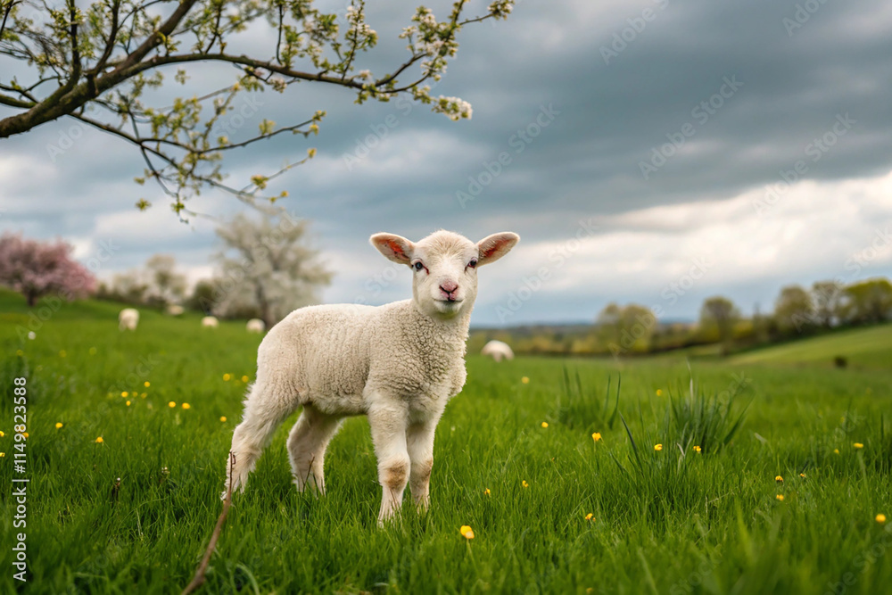 Fototapeta premium A baby lamb in a field in the spring