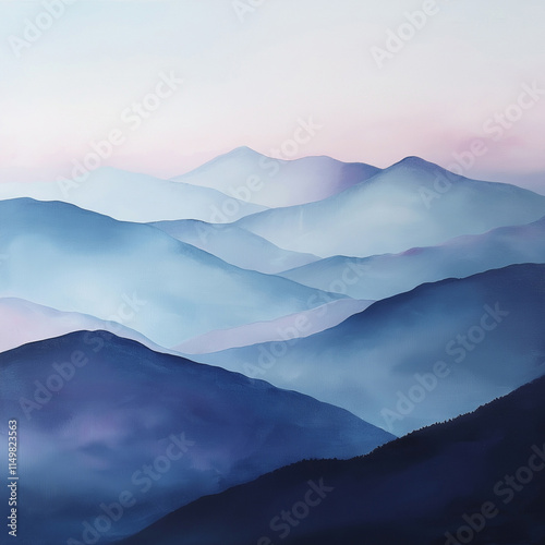 Majestic mountains adorned with soft hues at dawn envelop a tranquil landscape. Generative AI