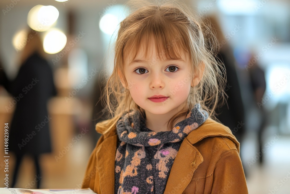 Young child with long hair stands indoors looking directly at the camera in a cozy setting Young child with long hair stands indoors looking directly at the camera in a cozy setting