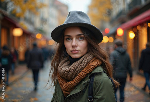 Urban Explorer: A young woman wearing a stylish gray hat, green parka, and a cozy brown scarf, with an expression of curiosity, lost amidst the autumnal streets of a charming European city.