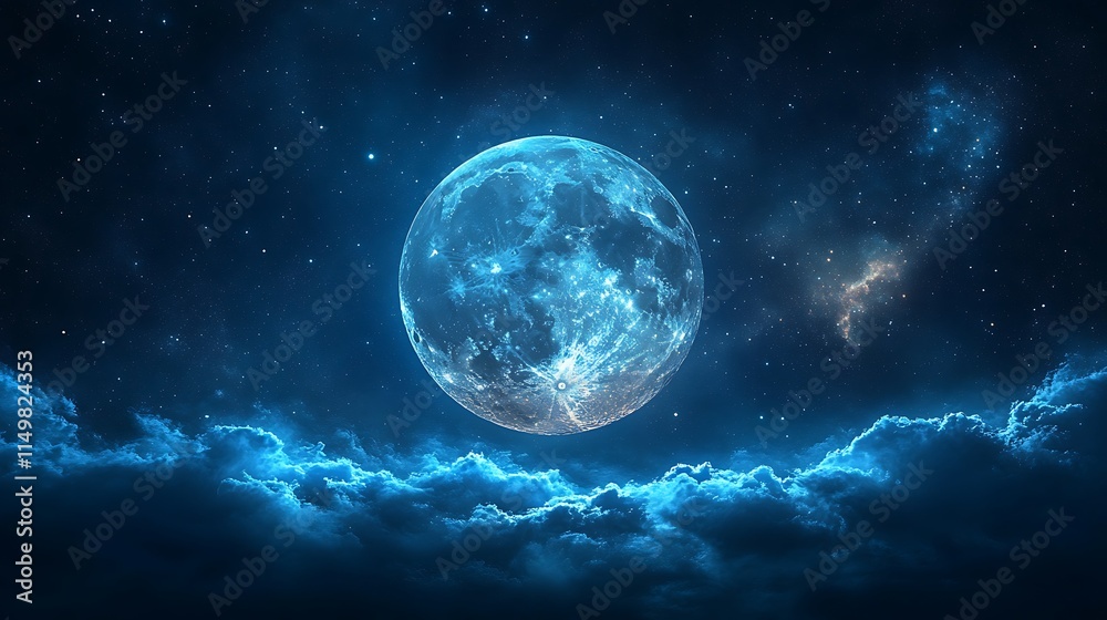 A tranquil crescent moon shines blue amidst a sprawling galaxy of stars image