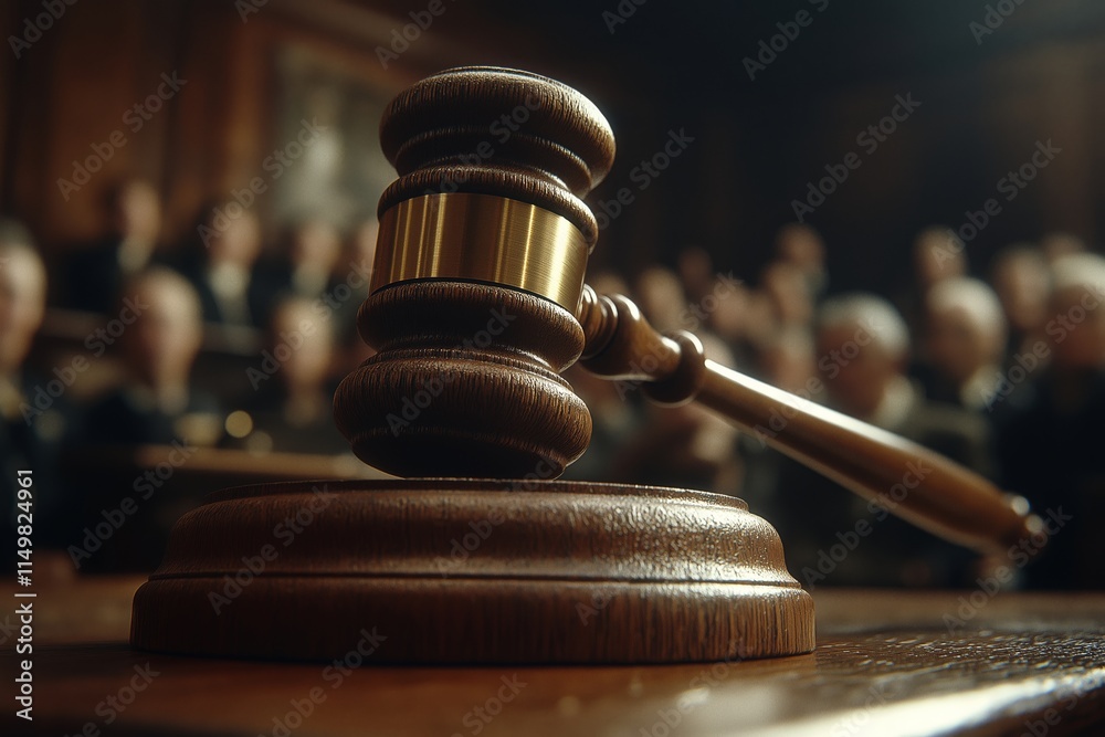 Courtroom setting with a gavel ready for a legal proceeding in session Courtroom setting with a gavel ready for a legal proceeding in session