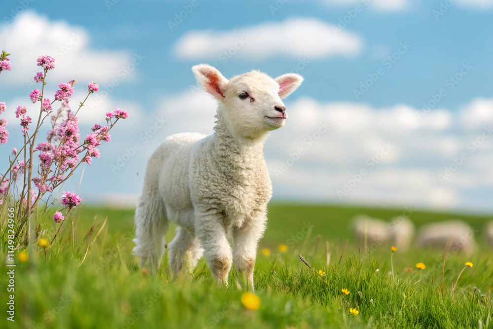 Fototapeta premium A baby lamb in a field in the spring