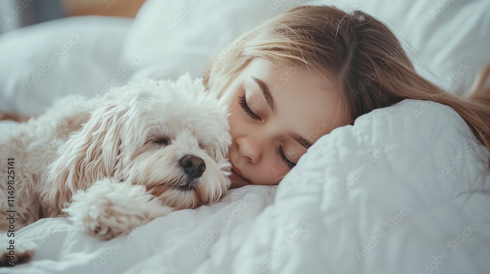 A young woman sleeps soundly in bed with her small white dog. A young woman sleeps soundly in bed with her small white dog.
