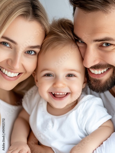 Happy Family Portrait with Smiling Parents and Joyful Baby