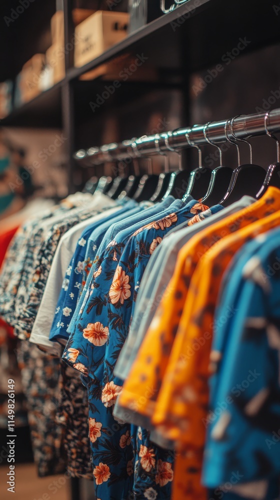 Colorful collection of t-shirts displayed in a trendy clothing store during afternoon shopping hours Colorful collection of t-shirts displayed in a trendy clothing store during afternoon shopping hours