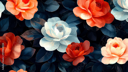 Lush floral pattern with orange and light blue roses.