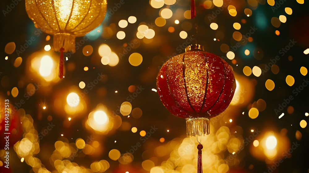 Obraz premium Golden and Red Lanterns Festive Background