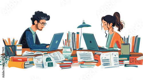 The illustration depicts two students, a man and a woman, diligently working on their laptops at a cluttered desk.  Books, papers, and stationery surround them, creating a busy yet focused atmosphere.