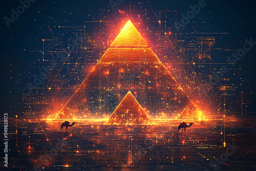 Flat illustration of the Pyramids of Giza at sunset, with a camel silhouette in the foreground, vector style, warm vibrant colors on a light sand-colored background