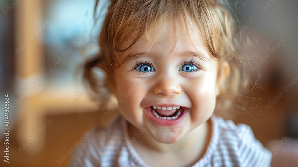 A portrait of a young baby girl with bright blue eyes, laughing with her mouth open. A portrait of a young baby girl with bright blue eyes, laughing with her mouth open.