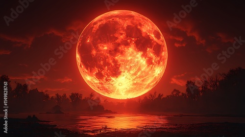 Radiant full moon casting a fiery red glow over twilight landscape images