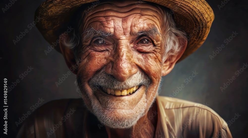 A close-up portrait of an elderly man with a wide smile, wearing a straw hat. A close-up portrait of an elderly man with a wide smile, wearing a straw hat.