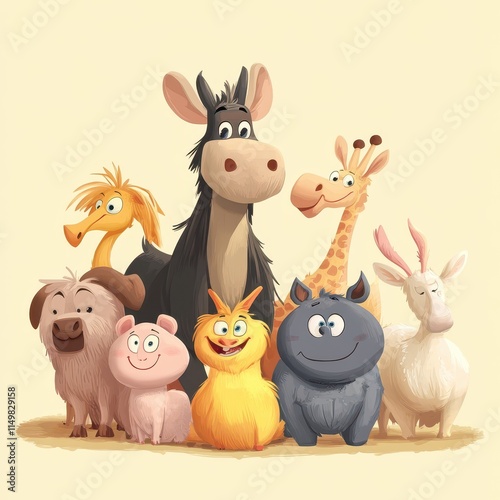 A Group Of Adorable Cartoon Animals Posing Together