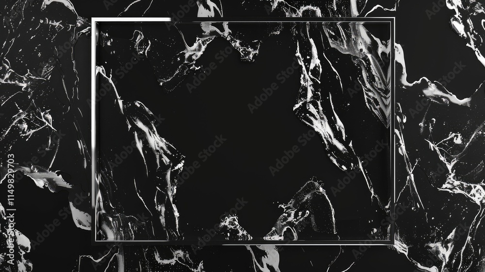 Fototapeta premium A sleek black and white marble background with a rectangular frame.