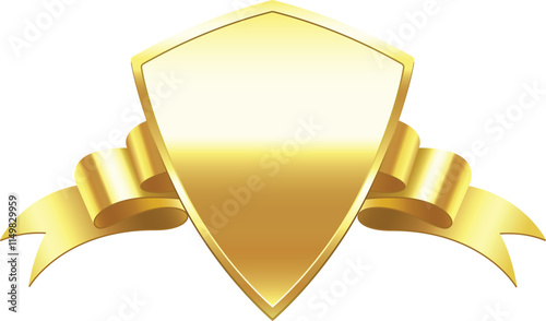 Golden shield with a ribbon wrapping around it, conveying concepts of security, prestige, award, recognition, and achievement, suitable for various design purposes