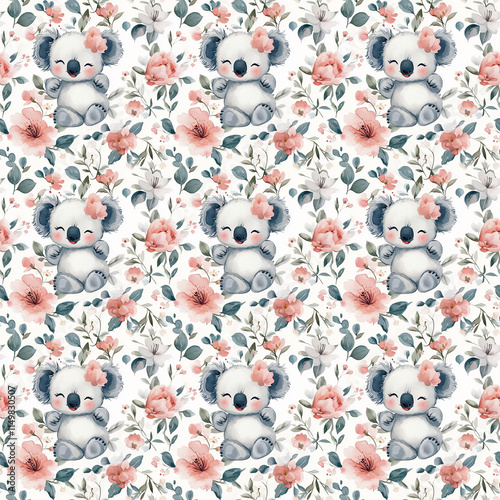 Watercolor valentine seamless pattern of cute koalas surrounded by flowers ideal for craft projects and decor photo