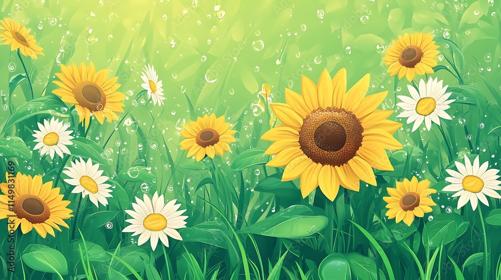 Fototapeta premium A green background with sunflowers and white flowers, water droplets on the leaves, and green grass, suitable for a mobile phone wallpaper.