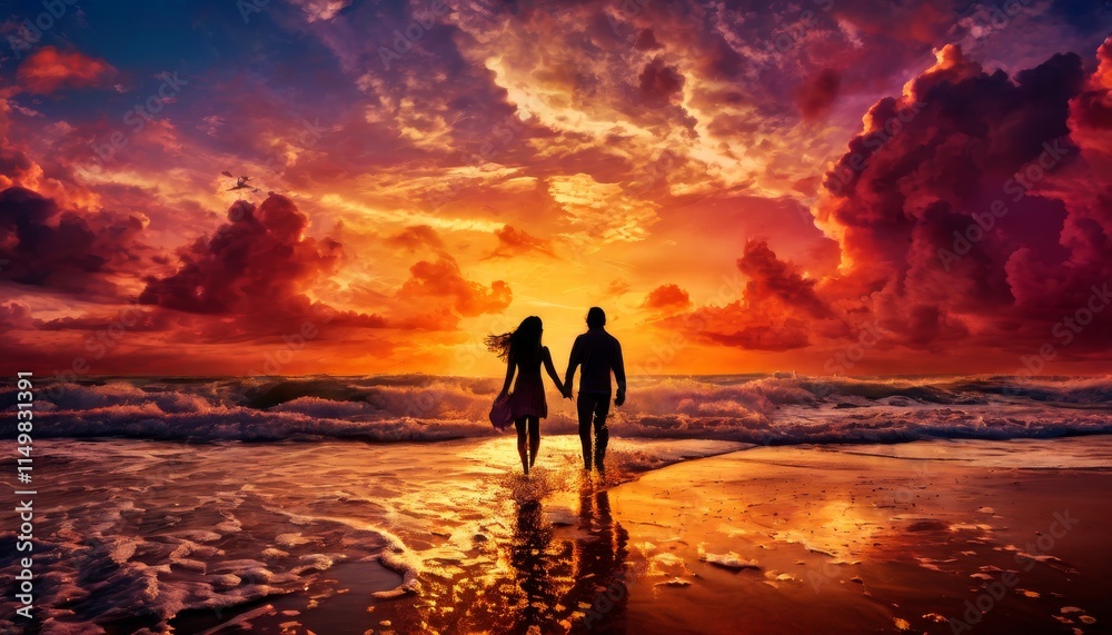 A couple walks hand-in-hand along the beach at sunset, with vivid, dramatic clouds painting the sky. The ocean waves roll in, creating a romantic and serene atmosphere.. AI Generation A couple walks hand-in-hand along the beach at sunset, with vivid, dramatic clouds painting the sky. The ocean waves roll in, creating a romantic and serene atmosphere.. AI Generation