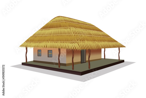 Traditional thatched roof hut illustration - rural house vector design on white background