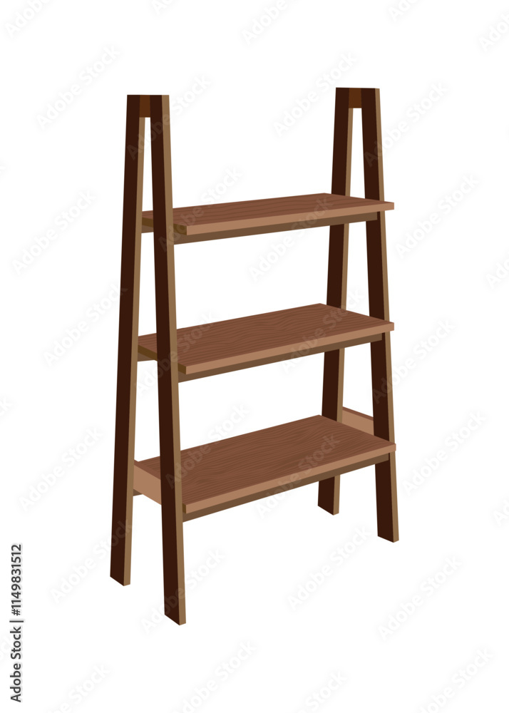 Wooden ladder shelf with three levels for storage and decoration in a modern minimalist design Wooden ladder shelf with three levels for storage and decoration in a modern minimalist design