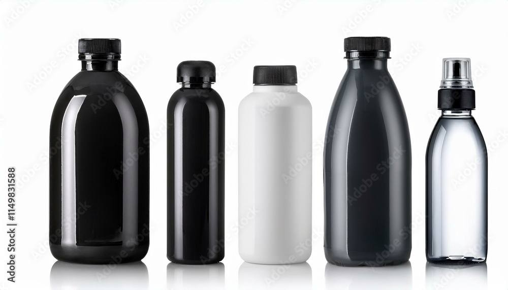 Black and white bottles - Set of black and white plastic bottles isolated white background Black and white bottles - Set of black and white plastic bottles isolated white background