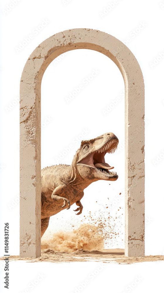 A roaring dinosaur emerges from an ancient arch, evoking a sense of adventure and history. A roaring dinosaur emerges from an ancient arch, evoking a sense of adventure and history.