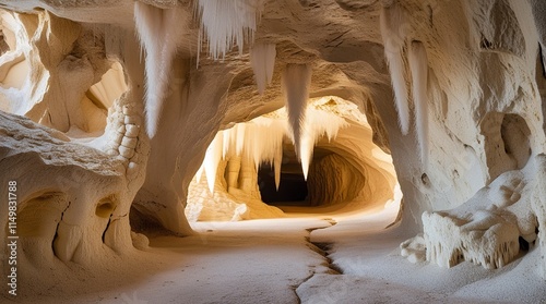  A serene and majestic natural limestone cave interior with intricate, swirling rock formations that resemble delicate fingers,generative ai photo