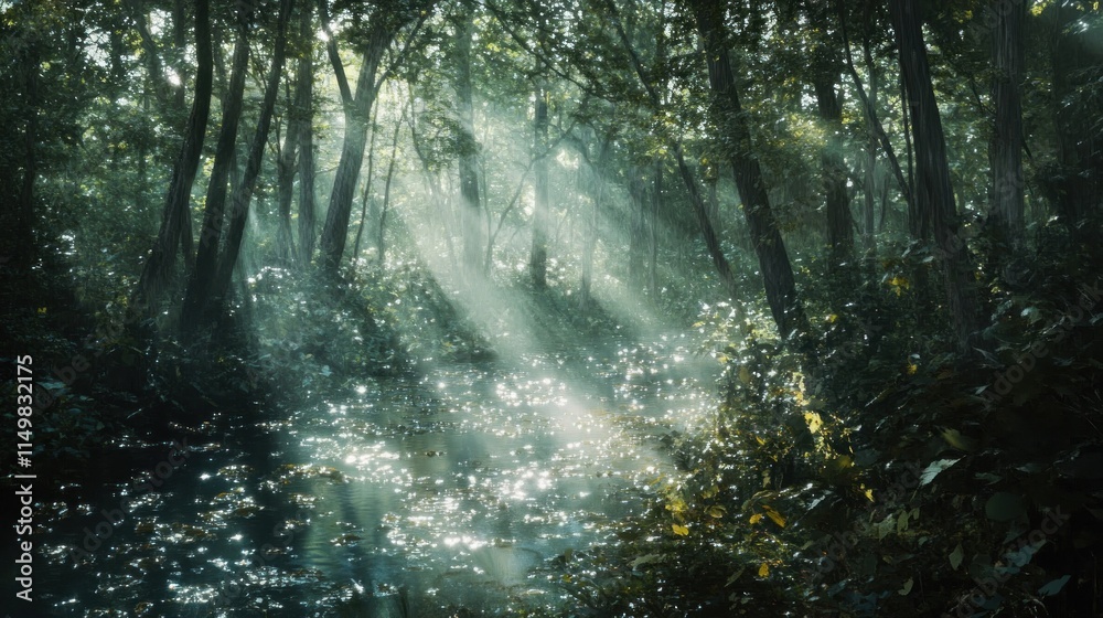 Obraz premium Sunbeams Filtering Through a Misty Forest