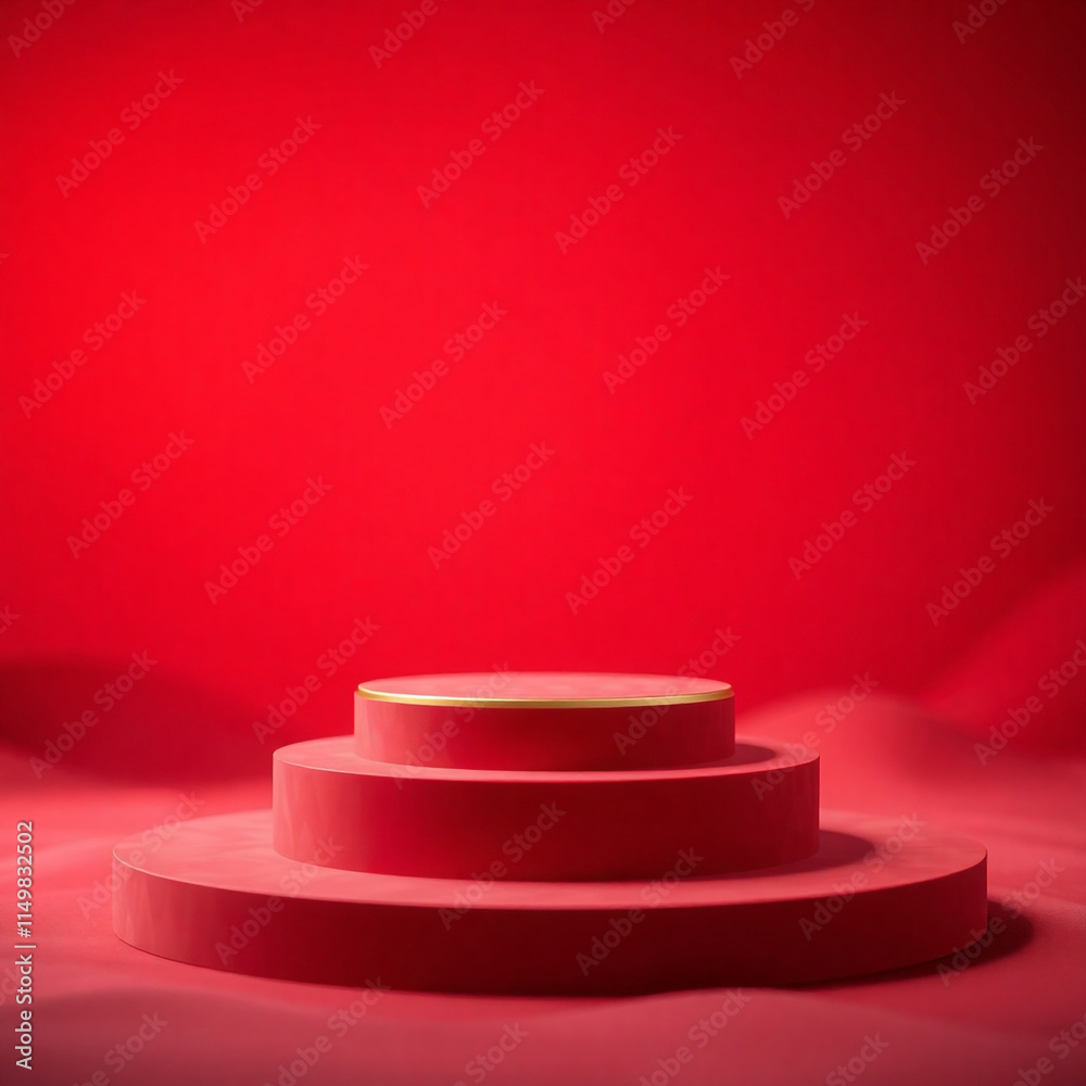 Luxurious Minimalist Red Podium with Flowing Abstract Backdrop Luxurious Minimalist Red Podium with Flowing Abstract Backdrop