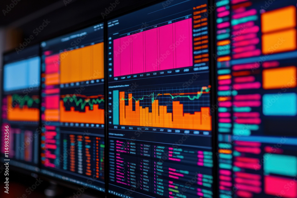 Close-up of colorful financial graphs and charts on digital displays. Close-up of colorful financial graphs and charts on digital displays.