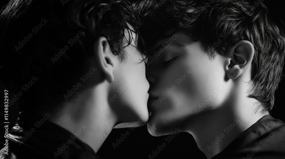 Two men share a tender kiss, embodying affection and connection in a warm, intimate atmosphere. Their closeness radiates love and understanding, creating a timeless bond Two men share a tender kiss, embodying affection and connection in a warm, intimate atmosphere. Their closeness radiates love and understanding, creating a timeless bond