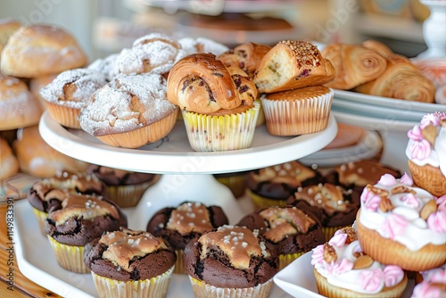 testy and delicious muffins, scones, and croissants on a platter photo