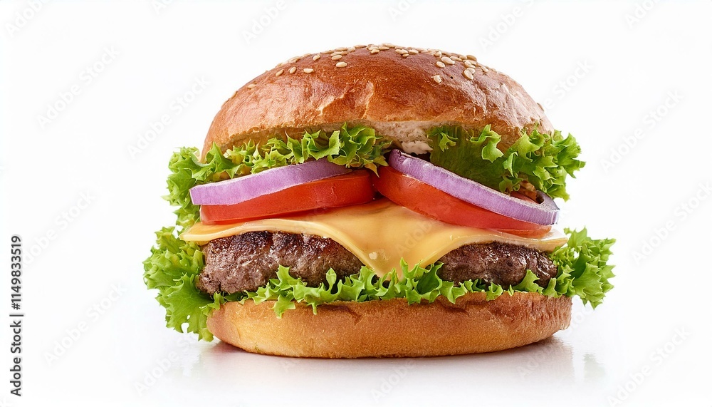 Hamburger isolated on white - Close-up of delicious fresh home made burger with lettuce, cheese, onion and tomato isolated Hamburger isolated on white - Close-up of delicious fresh home made burger with lettuce, cheese, onion and tomato isolated