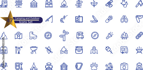 Outline icon set - summer camping, outdoor, travel.