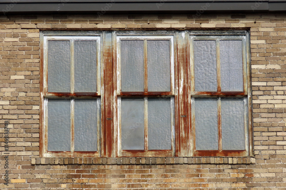 Rusting window frames and fogged old glass panes Rusting window frames and fogged old glass panes