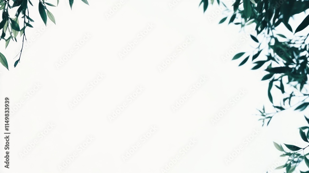 Lush green leaves frame a white background. Lush green leaves frame a white background.