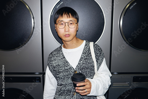 Portrait of modern Asian man with reusable cup in hand standing against washing machines photo