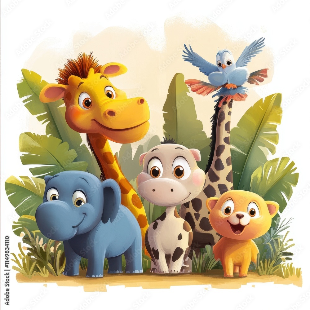 Naklejka premium Adorable Cartoon Animals In Lush Tropical Foliage