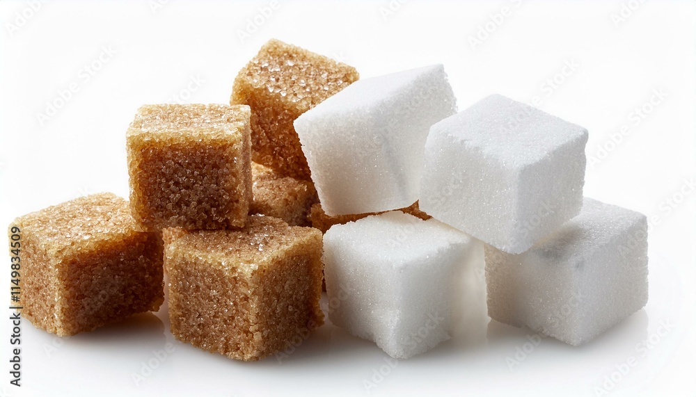 White and brown sugar cubes isolated white background - Cane sugar cubes White and brown sugar cubes isolated white background - Cane sugar cubes